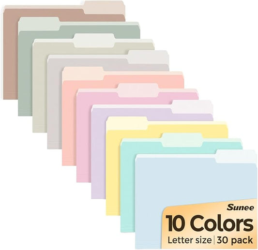 SUNEE File Folders, 30 Pack Manilla Folders 8.5 x 11, 10 Colors Folder Office Organization Home School Folders for Documents Files Paper