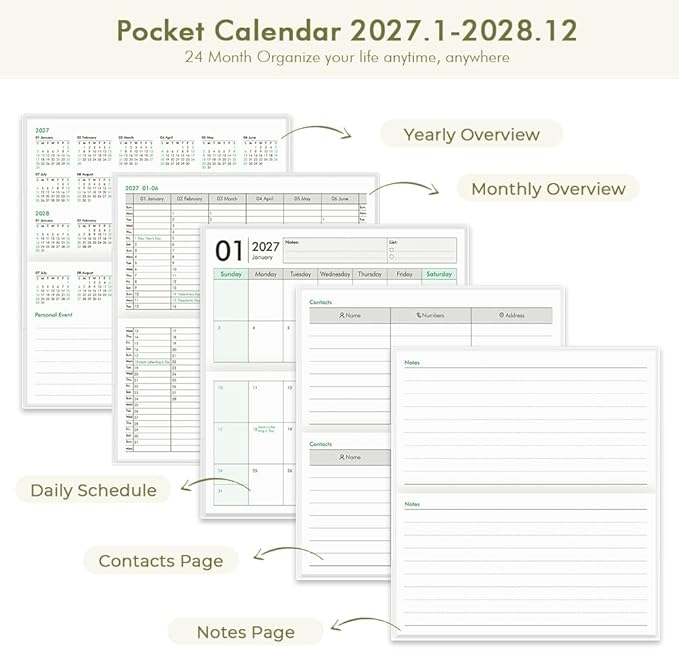Pocket Calendar 2027-2028 for Purse, Small Pocket Planner 2027-2028 for Purse 3.5×6.5In,24 Month Organizer from Jan 2027- December 2028 Mini Planner with Pvc Cover for Organizing & Planning
