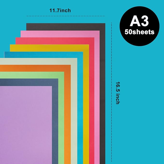 Colored Poster Board, 50 Sheets A3 Large Size 16.5 x 11.7 Inch Assorted Neon Poster Board Bulk for Art Display Board, Classroom Use, School Craft Project, Presentation Drawing