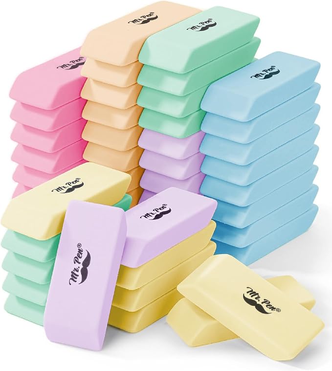 Mr. Pen- Pencil Eraser, 48 Pack, Pastel Colors, Large Latex Free Block Erasers Bulk for School, Office, Art Sketching, Homework, Exams, Clean Smudge-Free Correction