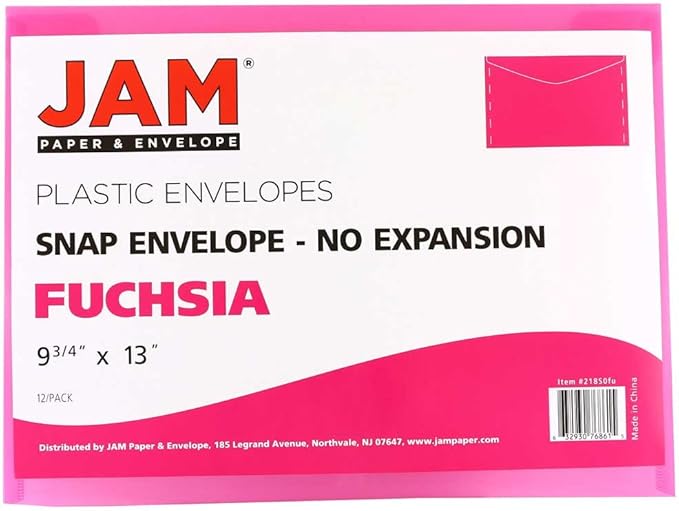 JAM PAPER Plastic Envelopes with Snap Closure - Letter Booklet - 9 3/4 x 13 - Fuchsia Pink - 12/Pack