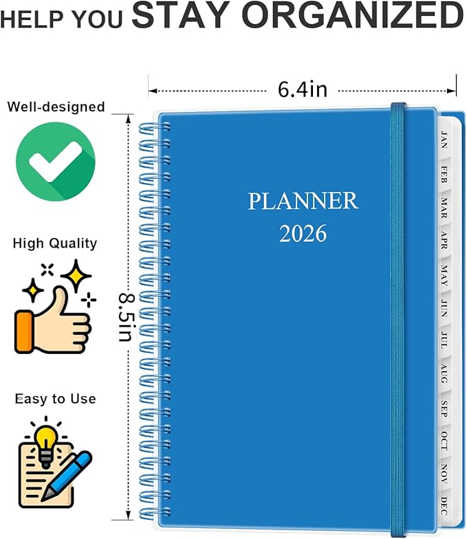 Planner 2026 - Weekly & Monthly Planner from January 2026 to December 2026, Agenda 2026 with Inner Pocket, Elastic Band, 6.4" x 8.5", Blue