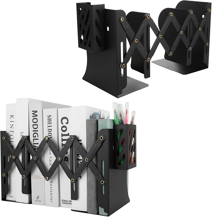 SHUESS 2 Pack Adjustable Bookends Expandable Metal Bookends for Heavy Books, 2 Dividers, Heavy Duty Book Ends to Hold Books with Pen Holder for Office, School, Bookstore, Home