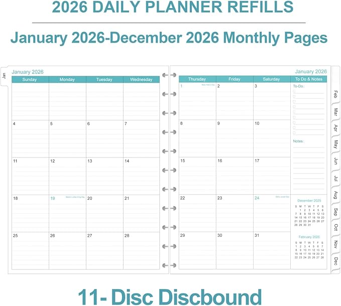 2026 Planner Refills, 11-Disc Discbound One Page Per Day, Daily ＆ Monthly Planner Refill from January 2026 - December 2026, Letter Size, 8.5" x 11"