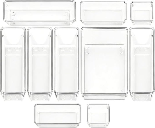 Clear Acrylic Drawer Organizer Trays, 5 Size Junk Box Organization Small Storage Container Bin for Desk Makeup Bathroom Vanity Kitchen Tool Make Up Workspace Home Dorm Apartment Office Room Nightstand