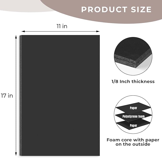AUEAR, 12 Pack 11x17 Black Foam Boards 1/8" Thickness Foam Core Boards for Presentation Board for School Crafts Office Art Projects Display, Mounting, Print