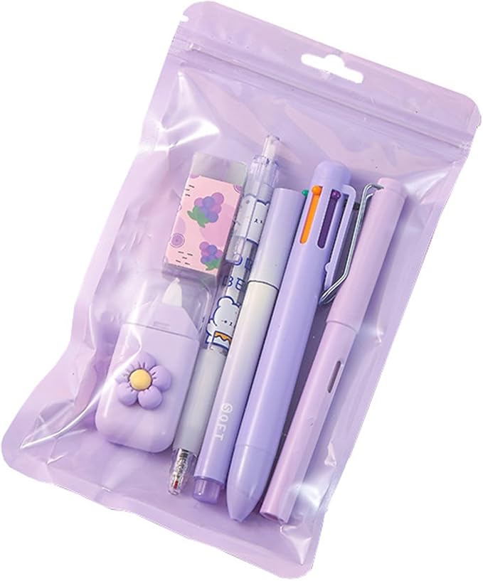 6Pcs Stationeries Set with Retractable Gel Pen Multicolored Pen Eraser Pencil Marker White Out Correction Tape Supplies