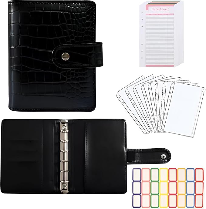 A7 Crocodile Budget Binder with Zipper Envelopes - Cash Stuffing Envelope System, Mini Money Organizer for Saving, Planner Binders with Pockets, Sheets and Stickers, Black