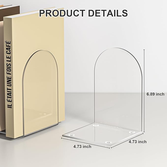 Acrylic Bookends 4 Pieces, Clear Bookends for Shelves, Book Ends for Shelves and Desktop Organizer, Transparent Shelf Book Stopper to Hold Books for Home Office Supplies