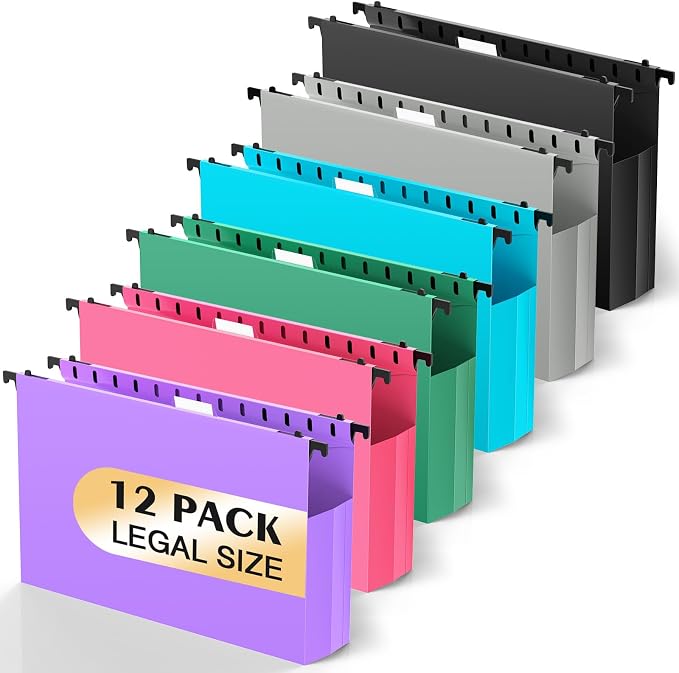 SHUTEX Extra Capacity Legal Size Hanging File Folders,12 Pack Reinforced Plastic Hanging Folder, Heavy Duty 2 Inch Expansion, Filing Cabinet Folders for Bulky Files, Medical Charts, Colorful