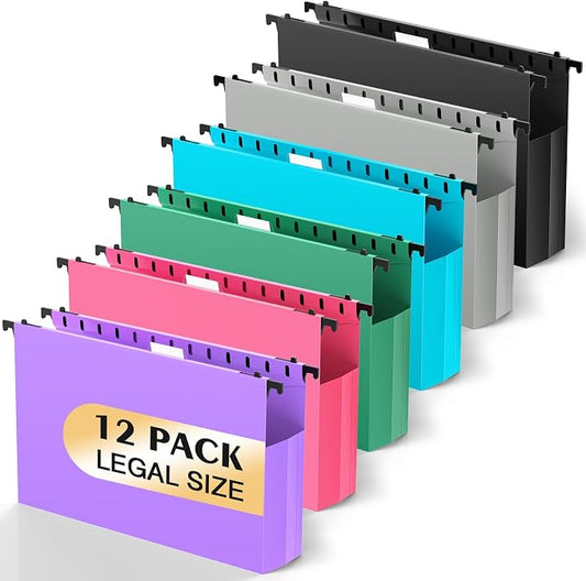 SHUTEX Extra Capacity Legal Size Hanging File Folders,12 Pack Reinforced Plastic Hanging Folder, Heavy Duty 2 Inch Expansion, Filing Cabinet Folders for Bulky Files, Medical Charts, Colorful