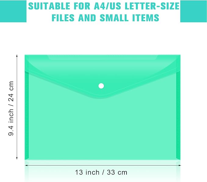 24 pcs Plastic Filing Envelopes with Snap Button Closure ，Clear Document Folders for Letter A4 Size Files ，Poly Folders，for School and Office Supplies（Green）