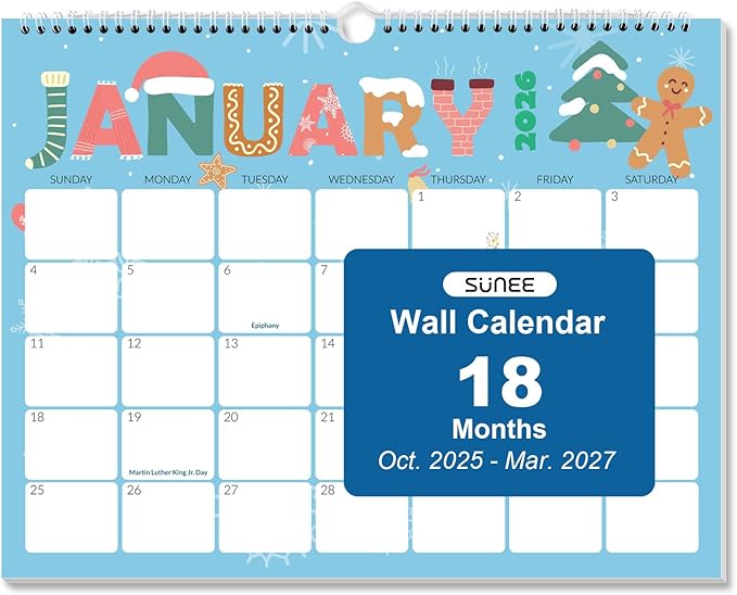 SUNEE 2026 Calendar, 18 Months 2026 Calendar Wall Hanging 2026 Calendar 11"x8.5", October 2025 to March 2027, for Organizing & Planning, Cute