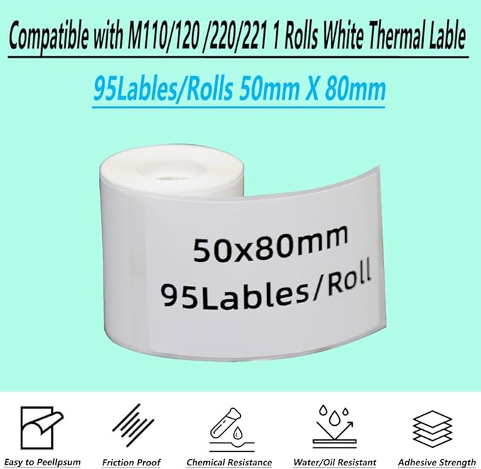 Thermal Stickers M110/120/220/221 Label Printer 1 Roll White 50mm x 80mm Adhesive Labels for School Home (1, 50mmx80mm)