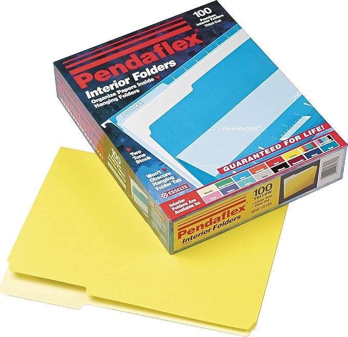 Pendaflex Interior File Folders, 1/3 Cut, Top Tab, Letter Size, Yellow, 100 per Box (4210 1/3 YEL)