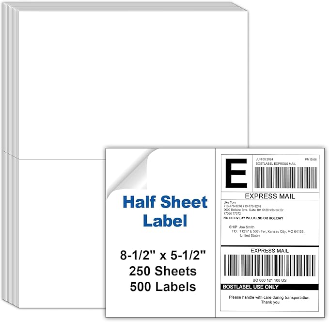 8.5"x5.5" Half Sheet Shipping Labels for Laser & Inkjet Printers, 250 Sheets 500 Pcs Half Page Labels, Self Adhesive Mailing Address Stickers