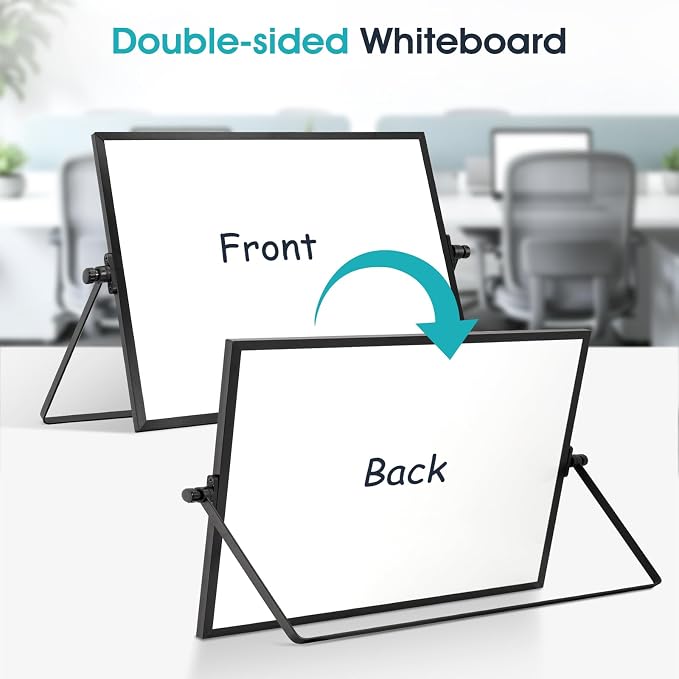 Dry Erase White Board, WALGLASS 16" x 12" Small Desktop Whiteboard with Stand, Double-Sided Magnetic Whiteboard, Portable Dry Erase Board for Kids Drawing, Study, Home, Office, School (Black)