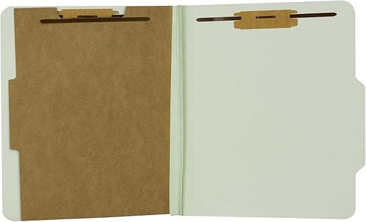The File King One Divider Pale Green Pressboard Classification File Folder - Letter Size | Box of 10 | Top Tab | 2” Expansion | Four 2-Inch Durable Fastener Prongs | USA Made