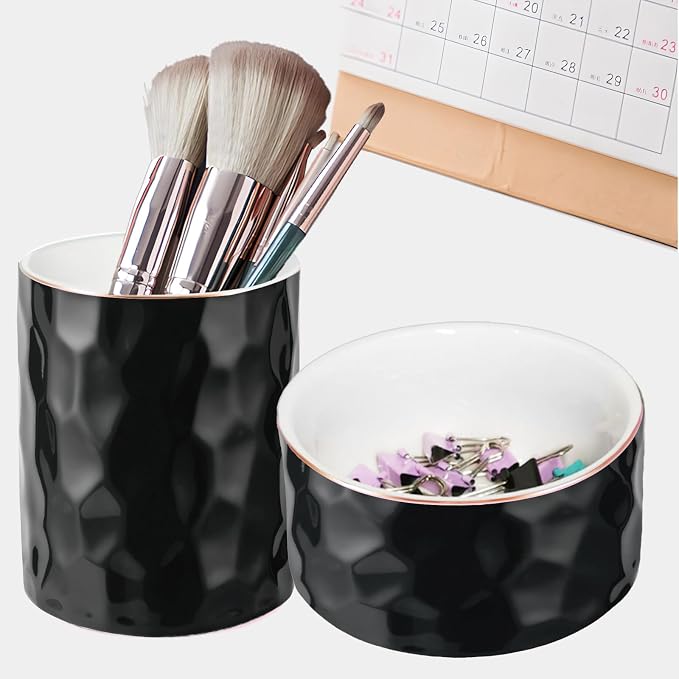 Aesthetic Desk Organizer Set of 2 For Your Office - Sturdy Concrete Desktop Accessories For Women or Men Enhance Any Office Decor - Set incl. Ceramic Black Pen Holder and Paper Clip Holder
