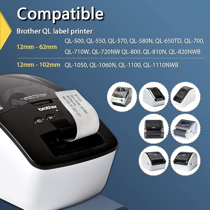 BETCKEY - Compatible Continuous Labels Replacement for Brother DK-2210 (1.1 in x 100 ft), Use with Brother QL Label Printers [10 Rolls + 2 Reusable Cartridges]