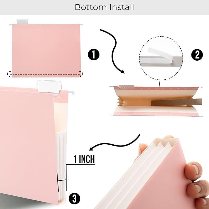 Y YOMA Letter Size - 6 Pack Extra Capacity Hanging File Folders Accordion Decorative Reinforced File Folder Cute Colored Expandable Folder for Office Home with 1/5-Cut Adjustable Tabs, Cute Pink