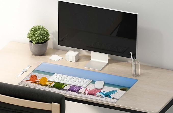 SSOIU Desk Mat, Extended Gaming Mouse Pad (35.5x15.7 in), Large Non-Slip Rubber Base Mousepad with Stitched Edges, Waterproof Keyboard Mouse Mat for Work, Game, Office, Home - Beach and Ocean Scenics