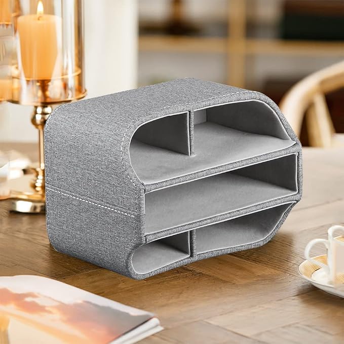 360° Rotating Remote Control Holder, PU Leather TV Remote Caddy Organizer Basket Storage Box with 5 Compartments for Pen, Pencil, Art Supplies, Makeup Brush, Office Desk Table Accessories