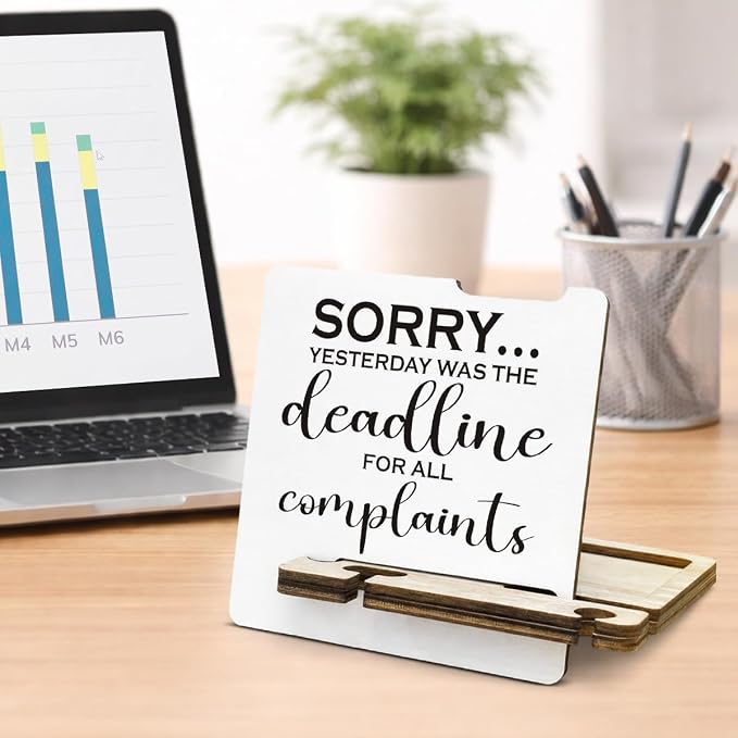 Funny Team Office Gifts - Multi-functional Desk Organizer - Humorous Office Deadline Quote Wooden Sign for Office Desk Shelf Decor