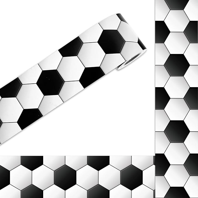 Whaline 32.8 Ft Soccer Bulletin Board Borders 3D Black White Soccer Die-Cut Board Trim for Sport Party Back to School Classroom Office Chalkboard Decoration