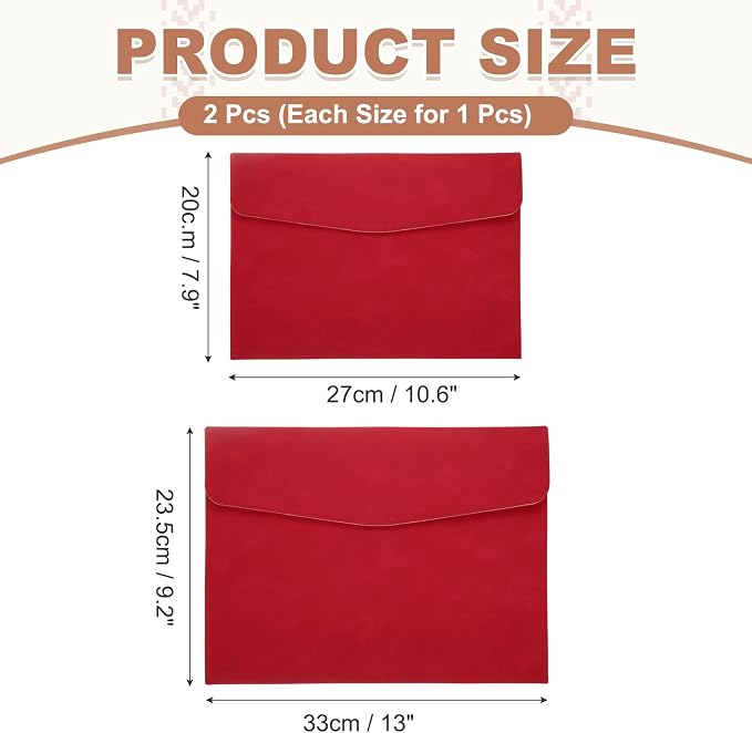 PATIKIL 2Pcs PU Leather File Folders, 13x9 A4 Document Holder Waterproof Envelope Folder with Snap Closure, Portable Portfolio Organizer Case for Paper Receipt, Red