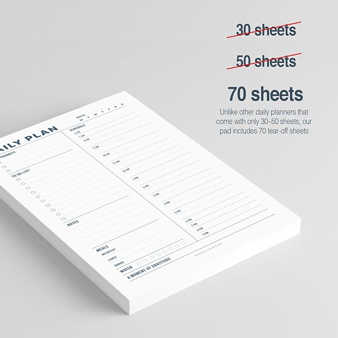 Daily Planner Notepad, 5.5 x 8.5" Tear-Off Pad – 70 Undated Sheets Focus-Enhancing Desktop Organizer with Hourly Schedule, To-Do List for Work, School (White, Minimalist, 2 Pack)