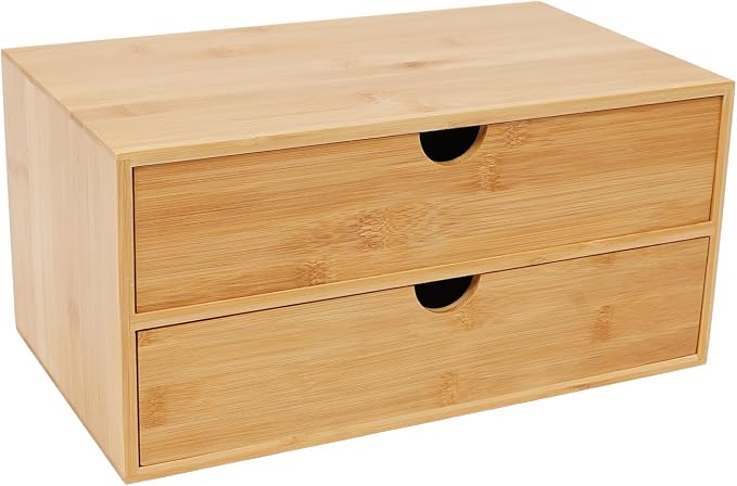 Gdrasuya10 Bamboo Desk Organizer, Drawer Tabletop Storage Organization Box for Office Home Toiletries Supplies, No Assembly Required (2 Drawer)