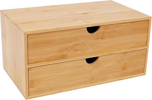 Gdrasuya10 Bamboo Desk Organizer, Drawer Tabletop Storage Organization Box for Office Home Toiletries Supplies, No Assembly Required (2 Drawer)