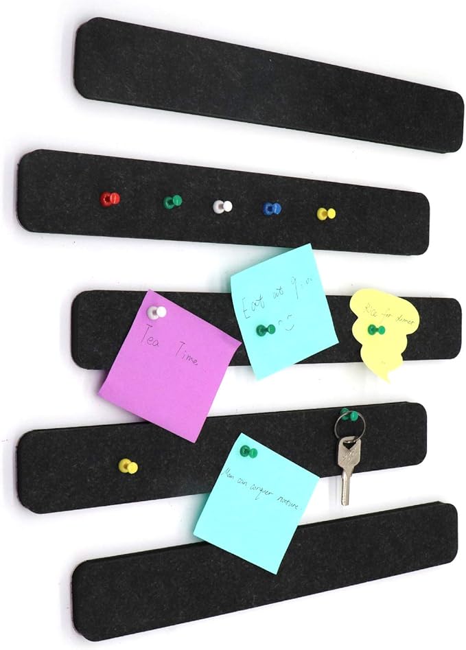Felt Bulletin Board Bar Strip 0.5 Inch Thick Self-Adhesive Pin Board Bar 13 Inch in Length with 15 Pushpins, 5 Black Bars