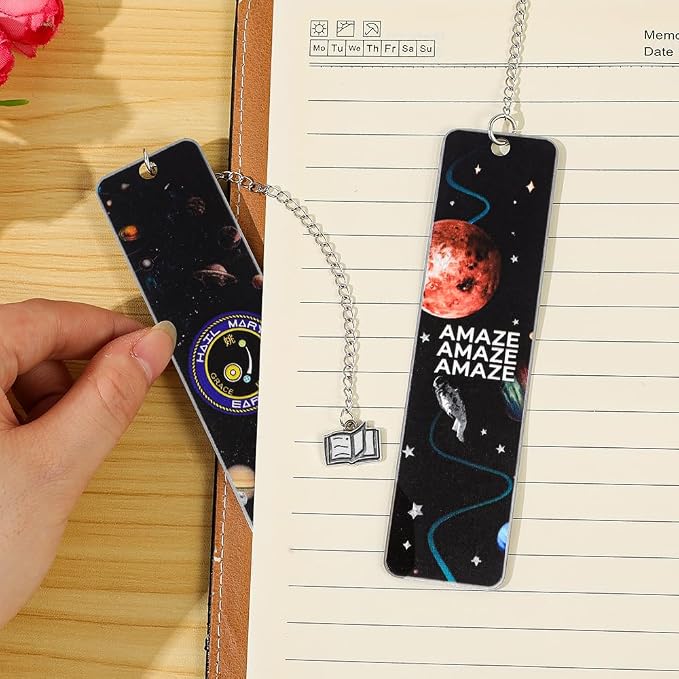 Project Hail Mary Inspired Stainless Steel Bookmark, Double Sided Space Galaxy Book Marker with Metal Chain Charm for Sci-Fi Readers, Collectible Reading Gift for Book Lovers (Sci-Fi)