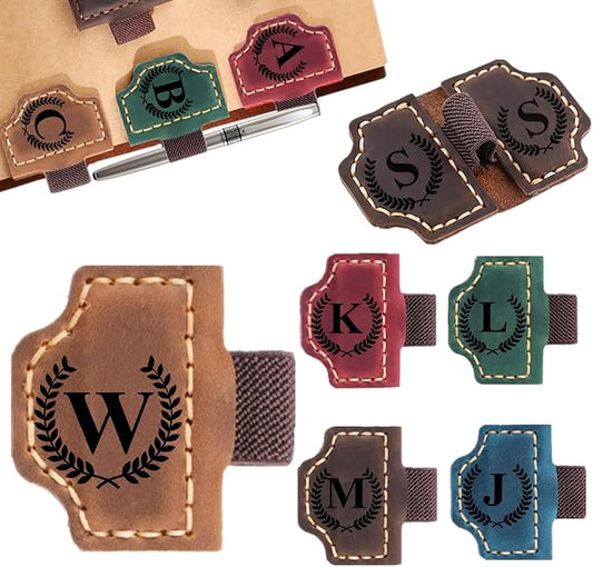 Custom Bookmark with Pen Holder with 26 Letters Personalized Magnetic Leather Book Mark, Customized Name Book Marker Clip with Initial for Men Women, Gifts for Book Lovers, Readers, (Brown, W)