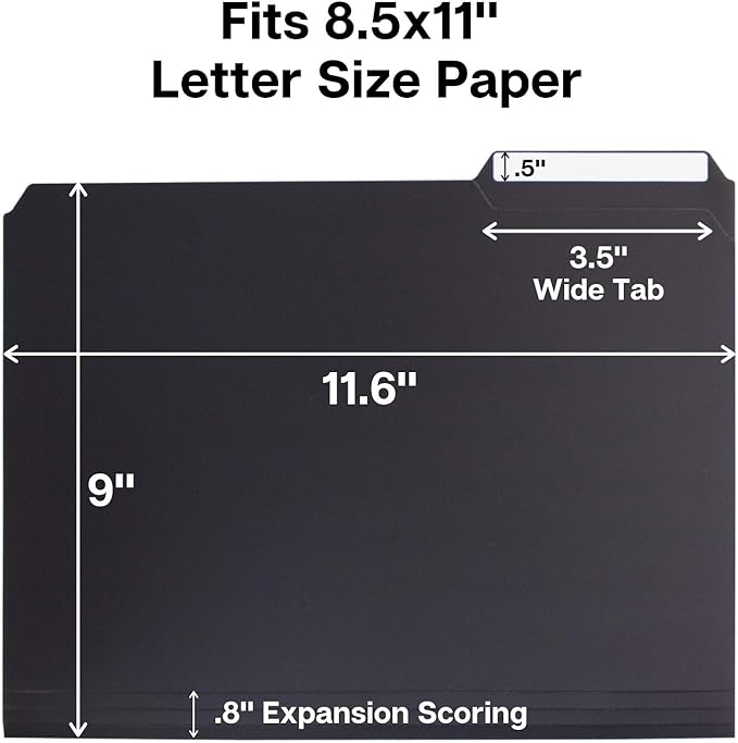Dunwell Plastic Black 3-Tab Folders, (12 Pack), Sturdy 1/3 Tab File Folders for 8.5x11 Documents, Plastic Manila Filing Sleeves, Acid-Free Poly, Includes Labels
