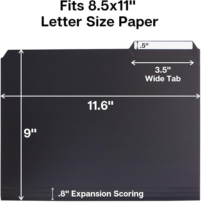 Dunwell Plastic Black 3-Tab Folders, (6 Pack), Sturdy 1/3 Tab File Folders for 8.5x11 Documents, Plastic Manila Filing Sleeves, Acid-Free Poly, Includes Labels
