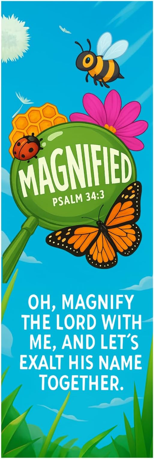 VBS Magnify the Lord, Magnified Theme Bookmarks, Psalm 34:3, 100 Pack, 6 x 2 inches, Glossy Cardstock, Church and Sunday School Supplies