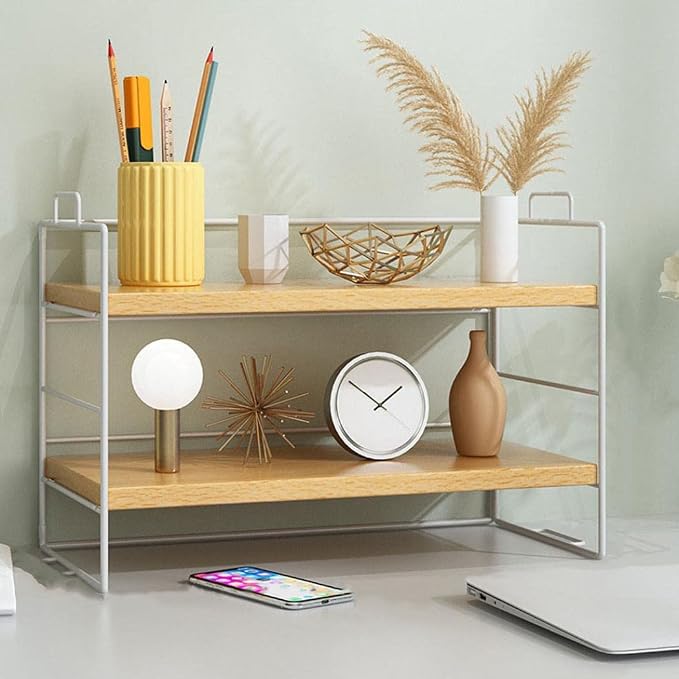 Desktop Shelf Organizer, Small Wood Countertop Bookshelf Adjustable Desktop Organizer Office, Desk Storage Tabletop Display Shelf for Home Office Kids Dorm (Wood White Frame)