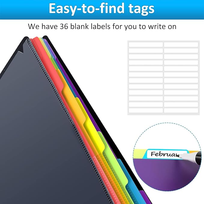 HABGP 12 Pocket Plastic folders with Pockets, 6 Colors Multi Pocket Folder Binder with Dividers, Office Organizer Folder Letter Size School Supplies