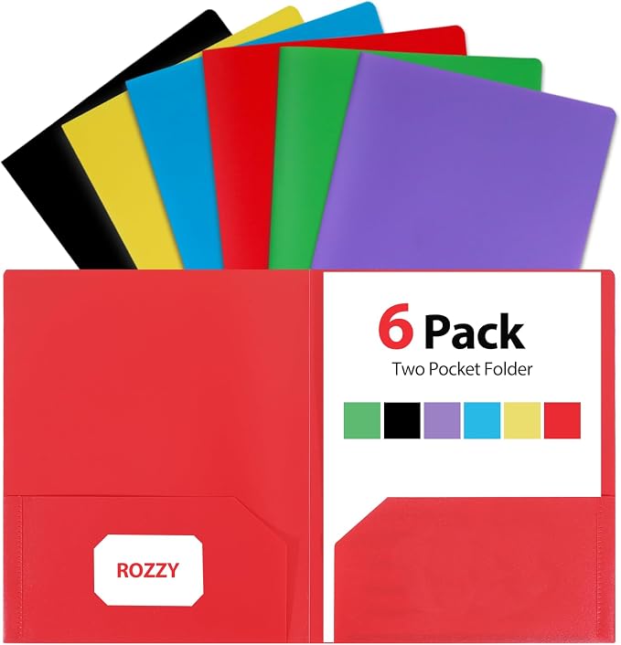 Plastic Folders with Pockets, 6 Rainbow Colors, 2 Pocket, Letter Size | 8.5x11 Paper, Business Card Slot, Black to School Supplies, For Kids, Students, Teachers, Office Organization
