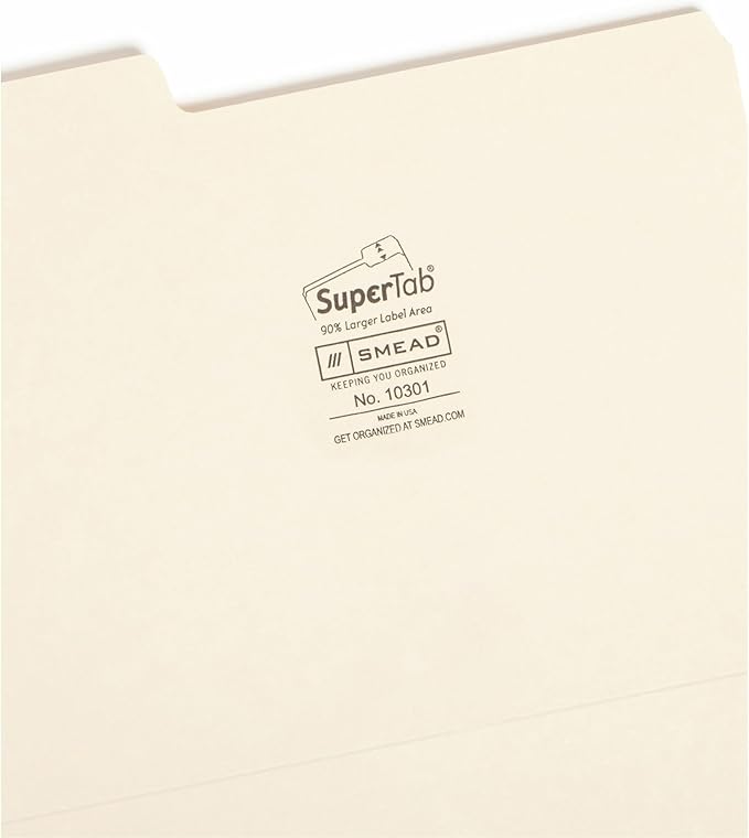 Smead SuperTab File Folder, Oversized 1/3-Cut Tab, Letter Size, Manila, 100 Per Box (10301)