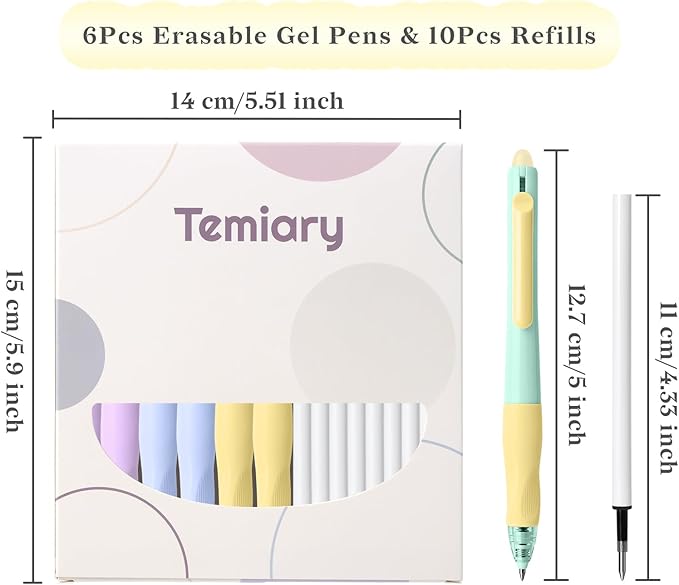 Temiary 6 Pcs Retractable Erasable Gel Pens & 10 Pcs Extra Refills, Fine Point 0.5 mm with Comfortable Grip, Make Mistakes Disappear, Black Ink Pen for Planners and Crossword Puzzle (Black Ink)