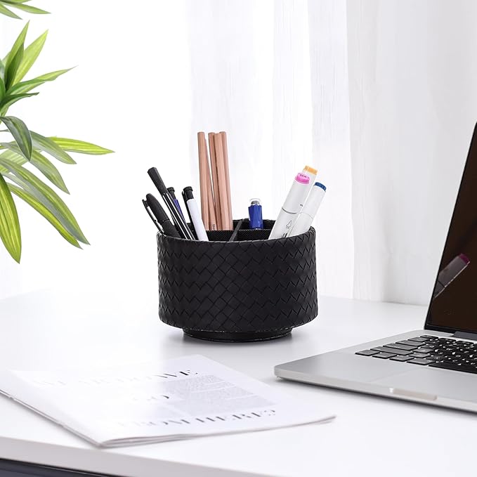 Spinning Pencil Holder, PU Leather 360 Degree Rotating Remote Control Holder for Table with 4 Compartments, Cute Pen Holder Desk Organizer, Black PH116