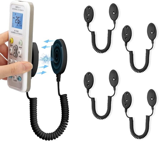 4-Pack Magnetic Remote Control Holders with Spring Ropes - Safely Secure Remotes & Small Items, Wall-Mount with Adhesive, Anti-Loss, Rapid Adsorption, Extendable Spring (Black 43 inch, 4 Pack)