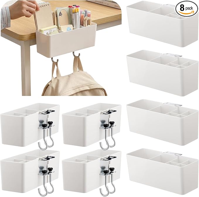 Reallnaive 8 Pcs Desk Side Storage for Classroom Side Desk Organizer Back to School Gift No Drill Holder Clamp Plastic Desks Organizer for Table Chair to Hold Pen Phone Notebook for Office Classroom
