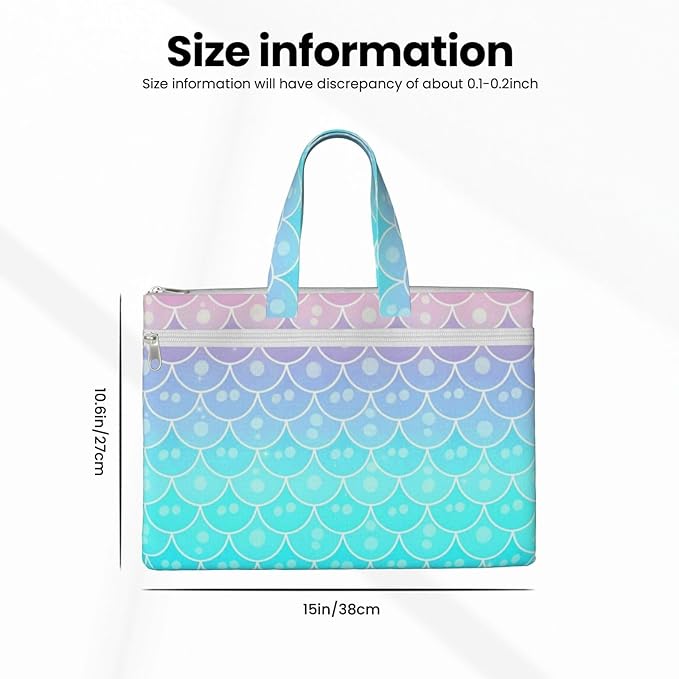 Canvas Zippered Document Bag with Handle, Waterproof Foldable File Storage Pouch Mermaid Scales Pastel Pink Purple Aqua Teal for Office Meetings