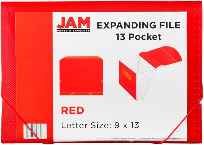 JAM PAPER Accordion Folders - 13 Pocket Plastic Expanding File - Letter Size - 9 x 13 - Red - 2/Pack
