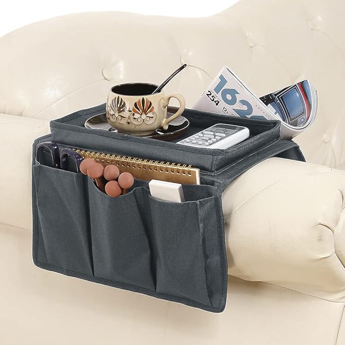 Couch Sofa Armrest Organizer Arm Chair Caddy Bedside Storage Pockets Bag with Snacks Tea Cup Holder Tray Recliner Armchair Remote Control Glasses Cellphone Books Magazines Hanging Pouch Home Organiser